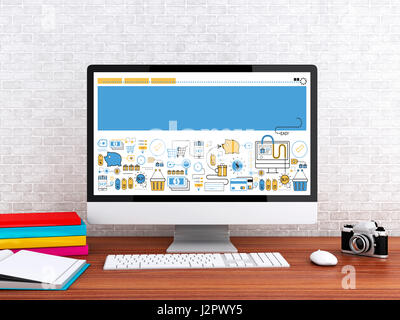 3D Illustration. Moderner Arbeitsplatz mit Computer. Technologie und Business Konzept.} Stockfoto