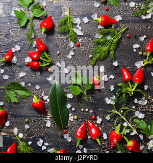 Draufsicht der trocken und bunte Paprika, Knoblauch, Meer Salz, verschiedenen grün auf Risse schwarzer Hintergrund mit Platz für Text, Nahaufnahme Stockfoto