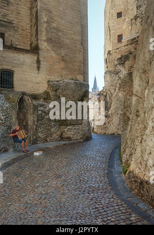 Avignon, Frankreich, 9. September 2016: Akkordeon-Spieler in den engen Gassen rund um den Papstpalast in Avignon, Frankreich Stockfoto