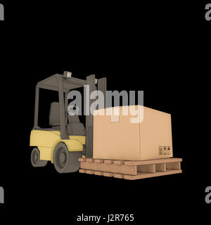 3D Abbildung eines Gabelstaplers auf schwarzem Hintergrund isoliert Stockfoto