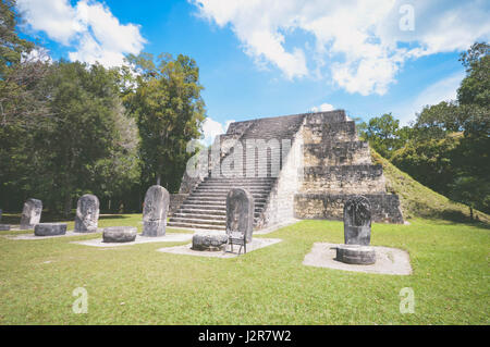 Eine der 2 Pyramiden der komplexen q und zahlreiche stellae in Tikal National Park und archäologische Stätte, Guatemala Mittelamerika. Matt filte Stockfoto