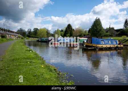 Schmale Boote vertäut am The Peak Forest Canal. Stockfoto