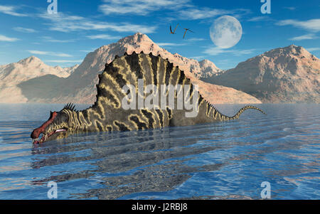 Spinosaurus schwimmen, während Erden Kreidezeit-Ära, In der heutigen Nord-Afrika. Stockfoto