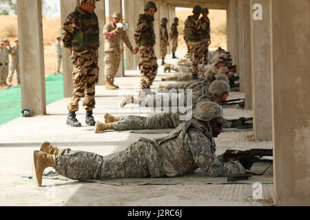 US-Soldaten, die Vertretung der 805th Military Police Company und Alpha Waffen 3rd Marine Flotte Bekämpfung des Terrorismus Security Team (schnell), komplette Ausbildung mit königlichen marokkanischen Streitkräfte während der Übung afrikanischen Löwen 22 April in Tifnit, Marokko. Durch die Ausbildung zusammen, wird das US-Militär und die marokkanische Armee weiter ausbauen, Taktiken, Techniken und Verfahren, die Interoperabilität zwischen den beiden Armeen zu verbessern. (US Army Reserve Foto Spc Tynisha L. Daniel) (Freigegeben) Stockfoto