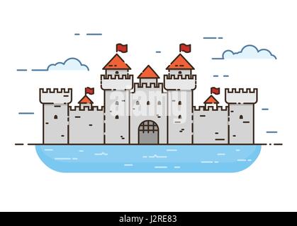 Linearen Stil Schloss Farbe Vektor-Illustration. Mittelalterliche Burg mit Türmen und Mauern mit Fahnen, von Wasser umgeben. Wache und Schutz Konzept. OP Stock Vektor