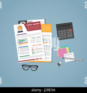 Ein paar Lebensläufe für die Einstellung im flachen Stil. Manager-Arbeitsplatz für die Rekrutierung von Personal mit Noten. Lebenslauf von unterschiedlichen Menschen auf Schreibtisch. Das Konzept der Einstellung für Stock Vektor