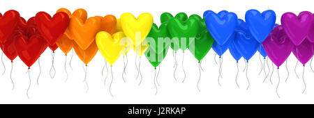 Regenbogen aus bunten Luftballons in Form von Herzen Stockfoto