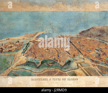 Diese 1857 von Onofre Alsamora illustrierte Luftaufnahme von Barcelona bietet eine historische Momentaufnahme des Stadtbildes im 19. Jahrhundert. Die Illustration bietet eine Perspektive aus der birdâ-Perspektive und zeigt die städtische Entwicklung, Architektur und geographische Besonderheiten Barcelonas Mitte der 1800er Jahre Stockfoto