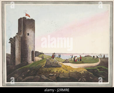 Aberystwyth Castle in Wales ist eine historische Festung aus dem 13. Jahrhundert. Es wurde im Rahmen der englischen Eroberung von Wales erbaut und spielte eine wichtige Rolle in der walisischen Geschichte, indem es einen Einblick in die mittelalterliche Militärarchitektur und die turbulenten Zeiten dieser Zeit gab. Stockfoto