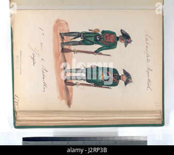 Eine Gravur des 1. Und 2. Bataillons Jagers, eine Militäreinheit aus dem Jahr 1795. Das Bild zeigt die historische Uniform, die Waffen und die Positionierung der Truppen und spiegelt die Militärgeschichte des späten 18. Jahrhunderts wider. Stockfoto