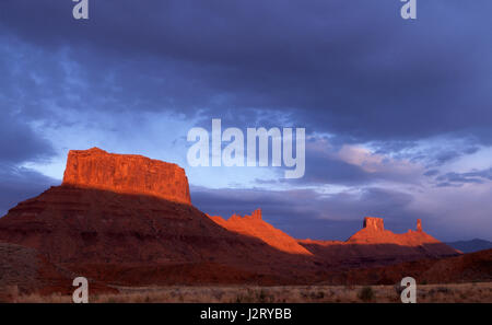 Castleton Tower und Priester und Nonnen ein beliebtes klettern entlang der La Sal Loop Road in den hinter the Rocks Wilderness Studie in Moab Valley, Utah. Stockfoto