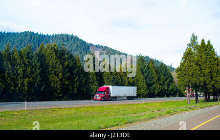 Roten leistungsstarke moderne professionelle Sattelschlepper trocken van Anhänger auf der Autobahn mit grünen dichten Bäumen, die Versorgung des Straße Sauerstoffs zu schleppen Stockfoto