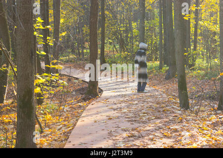 Beängstigend Figur im schwarzen Mantel im Wald, entsättigt Bild Stockfoto