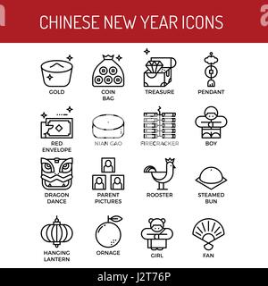 Chinesisches Neujahr Gliederung Symbole Konzept im modernen Stil für Web oder print illustration Stock Vektor