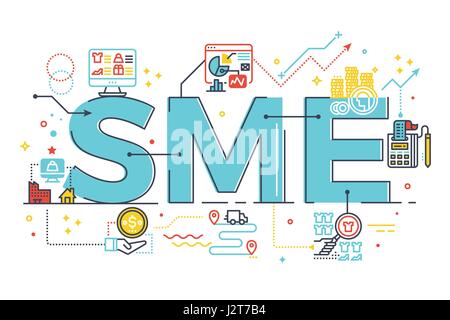 KMU, kleine und mittelständische Unternehmen, Wort Beschriftung Abbildung in Business-Konzept. Design im modernen Stil mit zugehörigen Symbole Ornament Konzept für die Benutzeroberfläche, Stock Vektor