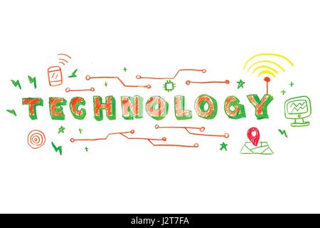 Darstellung der Technologie Wort im Stamm - Wissenschaft, Technik, Ingenieurwesen, Mathematik Bildung Typografie Konzeption in Kind hand gezeichnete Stil Stock Vektor