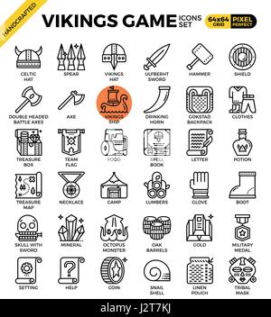 Ausgefallene Wikinger Spielkonzept detaillierte Linie Symbole inmitten einer modernen Linie Symbol-Style-Konzept für app-Design, Web, Ux, ui Stock Vektor