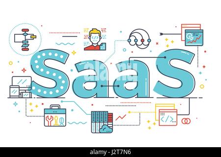 SaaS: Software as a Service Wort Illustration für Business-Konzept. Design im modernen Stil mit zugehörigen Symbole Ornament Konzept für Ui, Ux, Web, app Stock Vektor