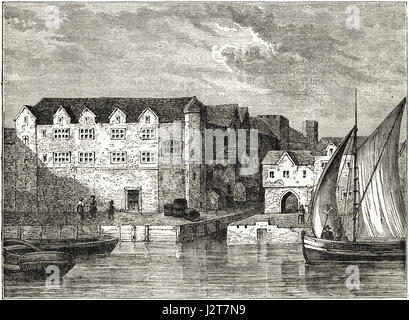 Bridewell abgebildet in 1666 ehemalige Palast und Gefängnis, an den Ufern des Flusses Flotte gebaut. Viktorianische Gravur um 1880. Stockfoto