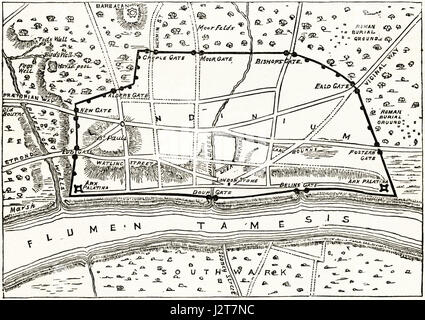 Karte von Roman London zeigt die alten Mauern. Viktorianische Gravur um 1880.