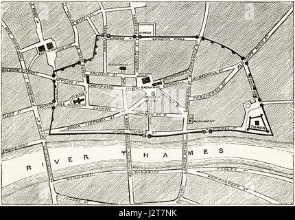 Karte des viktorianischen London zeigt die alten Mauern. Viktorianische Gravur um 1880.