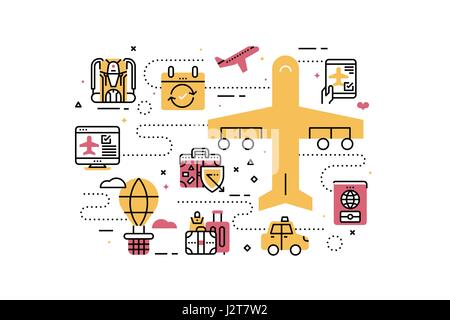 Reise und Transport Zeile Symbole Abbildung. Design im modernen Stil mit zugehörigen Symbole Ornament Konzept für die Website, app, Web-Banner. Stock Vektor