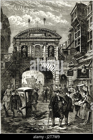 Temple Bar Gateway, London zum Zeitpunkt der Dr Samuel Johnson im 18. Jahrhundert. Viktorianische Gravur um 1880. Stockfoto