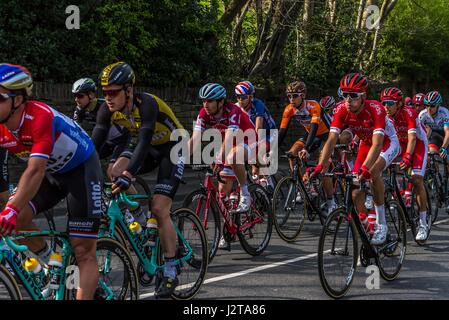 Holmfirth, England. 30. April ankommen 2017.The jagen Radfahrer in der Tour-De-Yorkshire in Holmfirth. Carl Dickinson/Alamy Live-Nachrichten Stockfoto