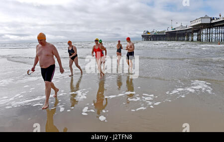 Brighton, UK. 1. Mai 2017. Schwimmer aus Brighton Schwimmverein erfrischendes ein am frühen Morgen am Maifeiertag Feiertag trotz des kühlen windigen Wetters. Die Prognose ist für eine Mischung aus Sonnenschein und Duschen im Süden von der UK-Credit: Simon Dack/Alamy Live News Stockfoto