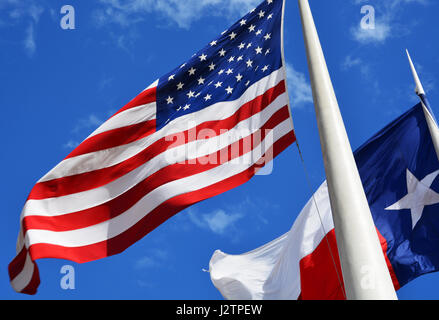 Die amerikanische Flagge vor dem Rathaus von Dallas in Texas. Stockfoto