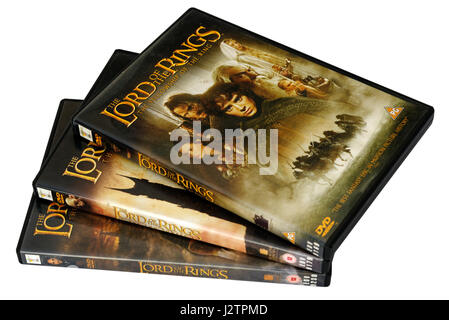 Herr der Ringe DVDs - die drei Filme Fellowship of the Ring, zwei Türme und die Rückkehr des Königs Stockfoto