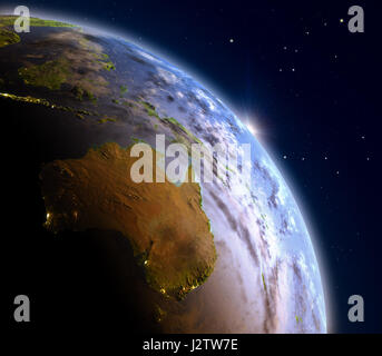 Australien bei Sonnenaufgang von der Umlaufbahn der Erde im Weltraum. 3D Darstellung mit detaillierten Planeten Oberfläche und sichtbar Citylights. Elemente dieser Bild-Pelz Stockfoto