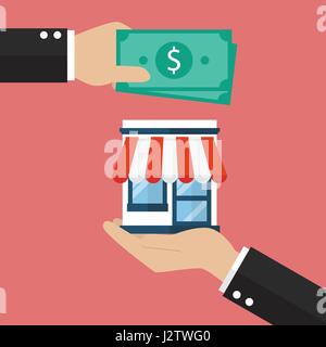 Geschäftsmann verwenden Geld kaufen Geschäft. Übernahme-Konzept Stock Vektor