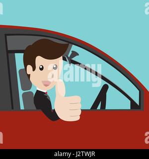 Geschäftsmann in ein rotes Auto und Daumen nach oben. Vektor-illustration Stock Vektor