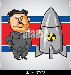 Kim Jong-un-Cartoon mit Raketen auf Nordkorea Flagge Hintergrund. Vektor-Illustration. 1. Mai 2017 Stock Vektor