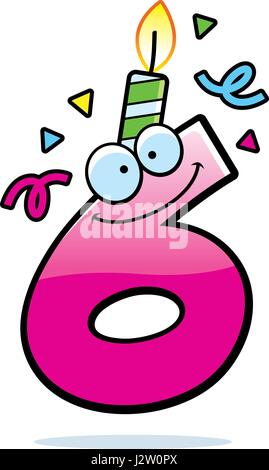 Ein Cartoon Illustration einer Nummer sechs mit einem Geburtstag Kerze und Konfetti. Stock Vektor