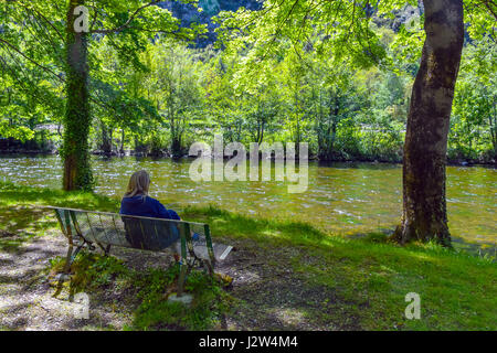 Rückansicht des Frauenfigur saß auf der Bank, Blick auf See Fluss Stockfoto