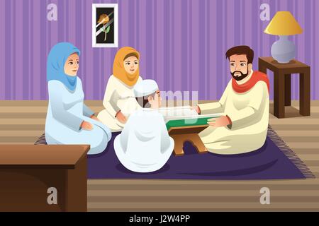 Eine Vektor-Illustration des muslimischen Familie studieren Koran zu Hause Stock Vektor