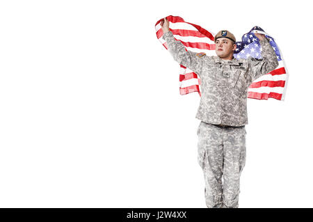 US Army Ranger mit amerikanischen Flagge Stockfoto