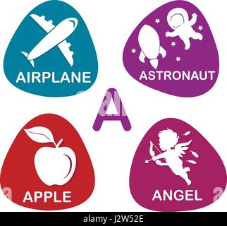 Niedliche Alphabet in Vektor. Ein Brief für Flugzeug, Astronaut, Apple, Angel. Stock Vektor