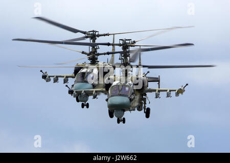 KUBINKA, Gebiet Moskau, Russland - 24. April 2017: Paar Kamov Ka-52 Alligator Kampfhubschrauber der russischen Luftwaffe während der Victory Day Parade rehea Stockfoto