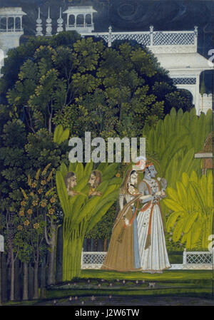 Dieses Kunstwerk, das Nihal Chand Raja Savant Singh zugeschrieben wird, zeigt die ikonischen Figuren von Krishna und Radha aus der hinduistischen Mythologie, die um 1760 geschaffen wurden. Es ist Teil der Sammlung des Fine Arts Museums in San Francisco. Stockfoto