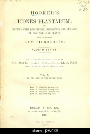 Bild mit dem Titel „1Hookers - Icones Plantarum Vol. 30 Title 1 (1913)“, mit einer botanischen Illustration aus William Jackson Hookers „Icones Plantarum“-Serie, die eine Pflanzenart zeigt. Stockfoto