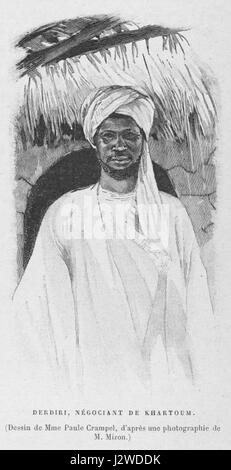 Ein Foto von 1894, das einen Kaufmann in Khartum, Sudan, zeigt. Dieses Bild fängt einen Moment im täglichen Leben der Region während des späten 19. Jahrhunderts ein und zeigt die traditionelle Kleidung und den lokalen Handel der Zeit. Stockfoto