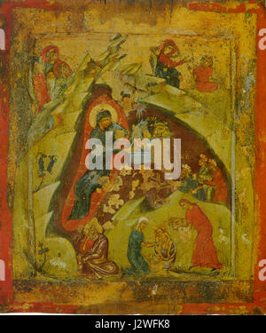 Diese Darstellung aus dem frühen 15. Jahrhundert repräsentiert die Krippe in Kastoria, Griechenland. Es ist Teil eines religiösen Kunstwerks, das die Geburt Jesu Christi darstellt, ein wesentlicher Moment in der christlichen Tradition, und wichtige biblische Figuren in einem reichen byzantinischen Stil veranschaulicht. Stockfoto