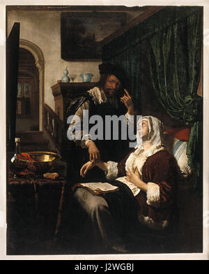 Dieses Kunstwerk zeigt einen Arzt, der eine Patientin untersucht, indem er ihren Puls nimmt. Das Bild, das wahrscheinlich aus dem 18. Oder 19. Jahrhundert stammt, repräsentiert historische medizinische Praktiken und die Rolle der Ärzte bei der Patientendiagnose. Stockfoto
