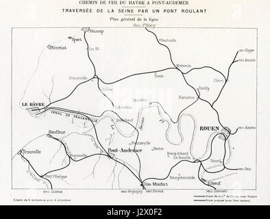 Diese Karte, „Carte de la ligne du Sud-Ouest“, zeigt die südwestliche Linie einer bestimmten Region und zeigt geografische Orte und Reiserouten. Stockfoto