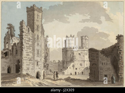 Ein Aquarellgemälde, das das Innere von Caernarfon Castle, einer ikonischen Festung in Wales, darstellt. Die Steinmauern, Türme und historischen Elemente der castleâ sind für ihre mittelalterliche Architektur bekannt und werden in diesem Kunstwerk detailreich erfasst. Stockfoto