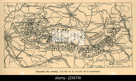 Die Schlacht an der Marne, die vom 6. Bis 12. September 1914 ausgetragen wurde, war ein entscheidender Konflikt im Ersten Weltkrieg, in dem die französischen und britischen Truppen den deutschen Vormarsch in Richtung Paris erfolgreich aufhielten und den Verlauf des Krieges veränderten. Stockfoto