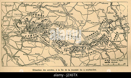 Die Schlacht an der Marne, die am 9. September 1914 während des Ersten Weltkriegs ausgetragen wurde, war ein entscheidender Wendepunkt. Die Schlacht verhinderte den deutschen Vormarsch nach Frankreich und markierte eine bedeutende Veränderung in der Frühdynamik des Krieges. Stockfoto